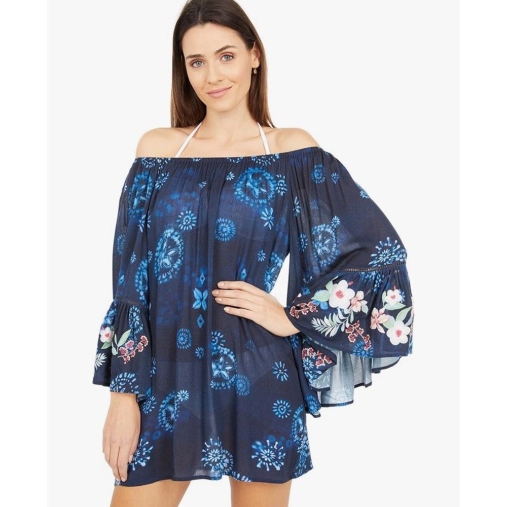 Johnny Was Annia Off Shoulder Cover Blouse Womens XS Blue Boho Embroidered Top‎